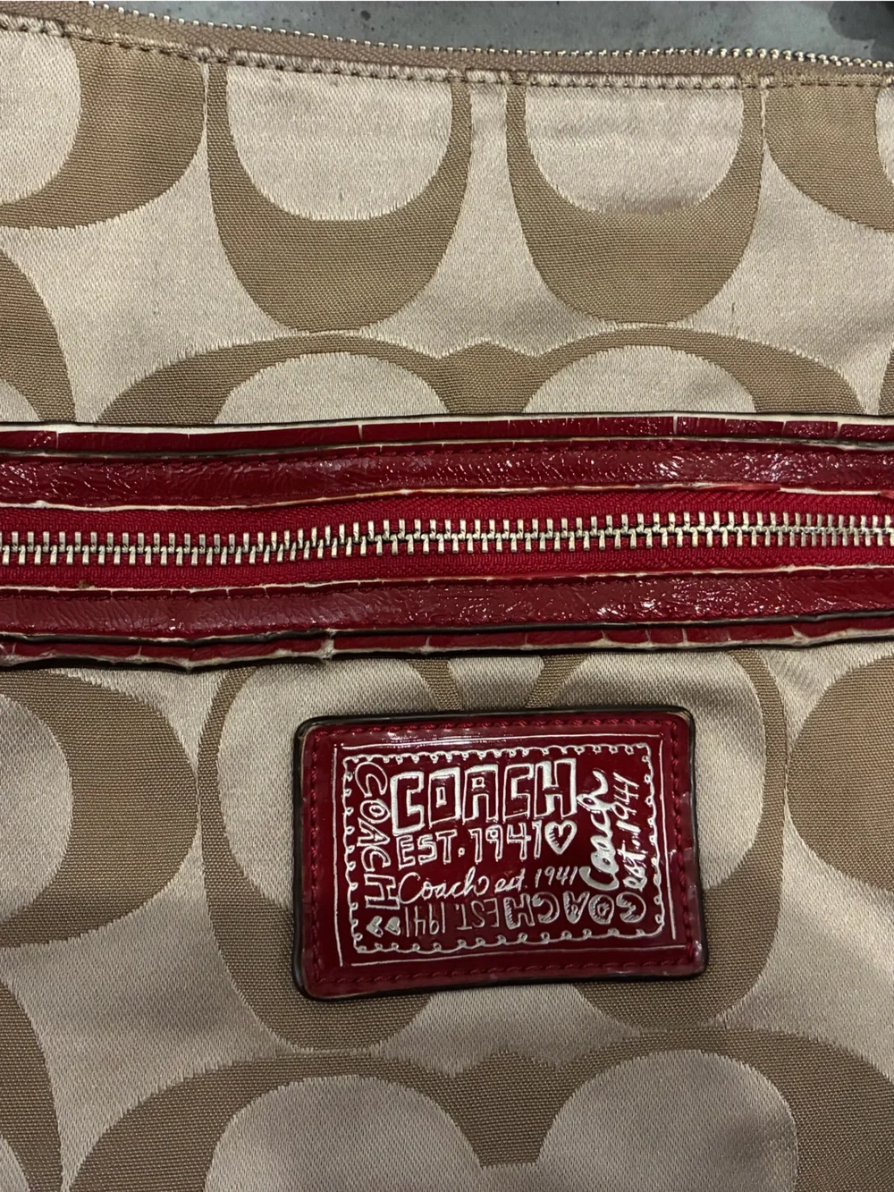 Coach Poppy Beige Signature Shoulder Bag with Red Trim and Strap